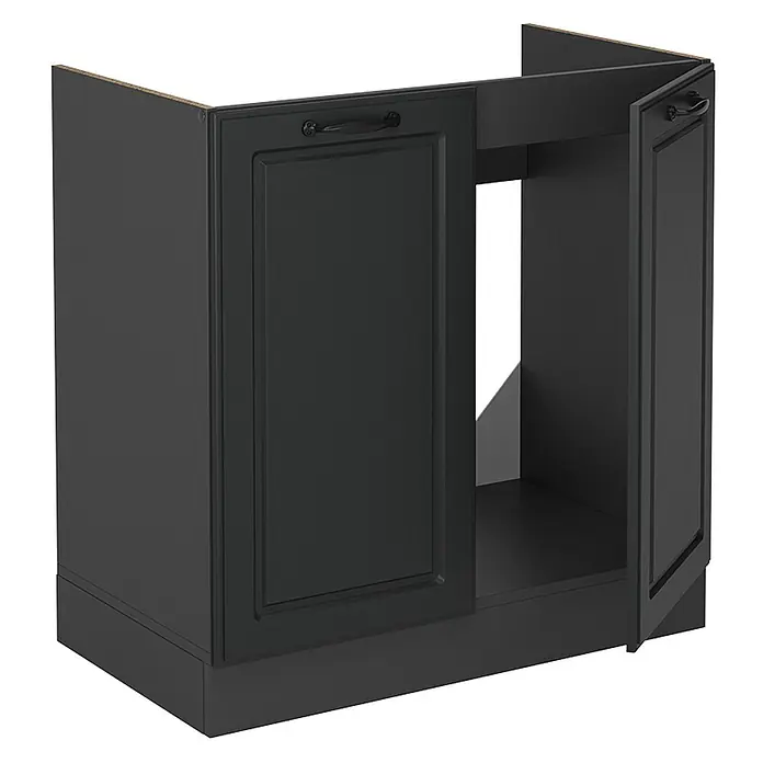 Vicco Schrankküche R-Line Anthrazit Landhaus AP Marmor - Anthrazit Landhaus, Spülenunterschrank 80 cm, AP Marmor - Dunkelgrauer Küchenunterschrank mit zwei Kassettentüren, eine offen, schwarzen Griffen und offenem Fach für Spüle oder Gerät.