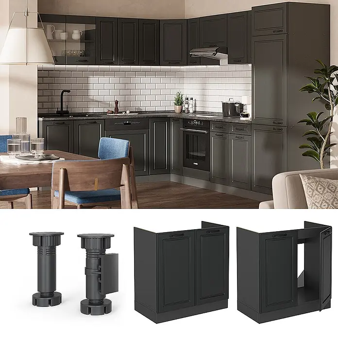 Vicco Schrankküche R-Line Anthrazit Landhaus AP Marmor - Anthrazit Landhaus, Spülenunterschrank 80 cm, AP Marmor - Dunkelgraue Küchenschränke in einer modernen Küche mit weißem Fliesenspiegel, inklusive Geräten.