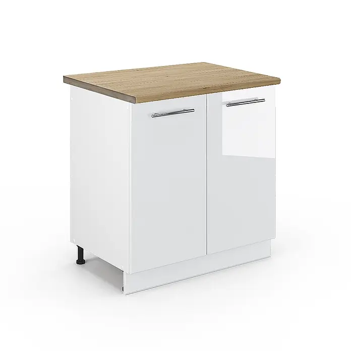 Vicco Schrankküche Fame-Line Weiß Hochglanz, AP Eiche - Weiß Hochglanz, Spülenunterschrank 80 cm - Weißer Küchenunterschrank mit zwei Türen, Chromgriffen und heller Holzplatte auf verstellbaren Füßen.