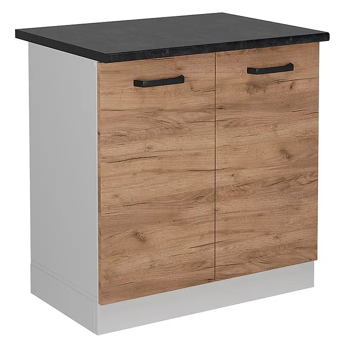 Vicco Schrankküche R-Line Goldkraft Eiche AP Anthrazit - Goldkraft Eiche, Spülenunterschrank 80 cm - Zweitüriger Küchenunterschrank mit schwarzer Arbeitsplatte, hellgrauen Seiten und Türen in rustikaler Holzoptik mit schwarzen Griffen.