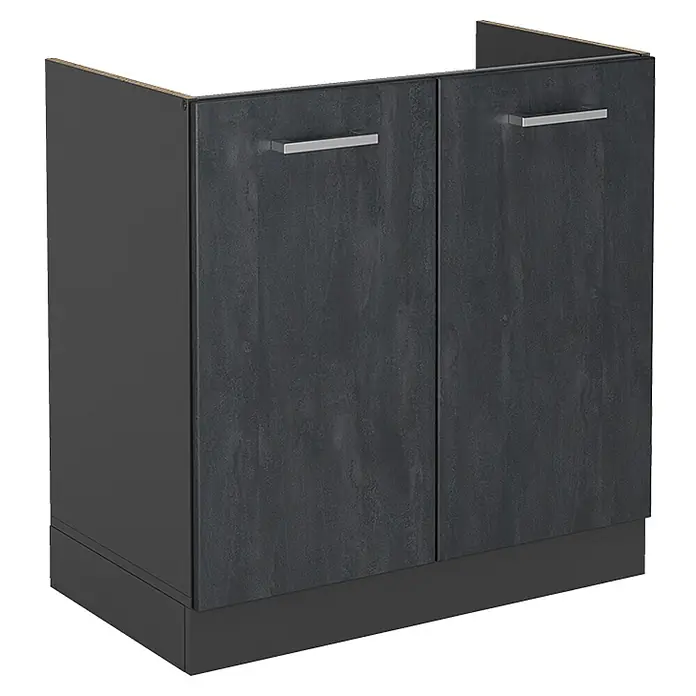 Vicco Spülenunterschrank R-Line, Schwarz Beton, 80 cm -  - Dunkelgrauer texturierter Küchenunterschrank mit zwei Türen, silbernen Griffen und Sockel.