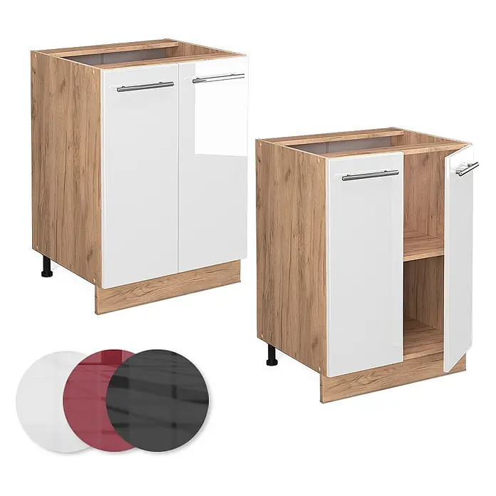Vicco Schrankküche Fame-Line Weiß Hochglanz ohne Arbeitsplatte - Weiß Hochglanz, Unterschrank 60 cm - Zwei Küchenunterschränke mit hellem Holzdekor und weißen Hochglanztüren, einer mit offener Tür und Regal. Erhältlich in Weiß, Rot, Schwarz.