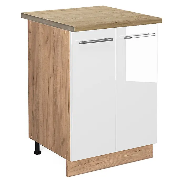 Vicco Schrankküche Fame-Line Weiß Hochglanz, AP Eiche - Weiß Hochglanz, Unterschrank 60 cm - Küchenunterschrank mit Holzplatte und -seiten, zwei weißen Hochglanztüren und silbernen Griffen.