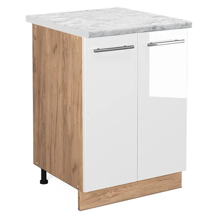Vicco Schrankküche Fame-Line Weiß Hochglanz, AP Marmor - Weiß Hochglanz, Unterschrank 60 cm - Küchenunterschrank mit weißer Marmorplatte, Holzdekor-Seitenwand und glänzenden weißen Türen mit silbernen Griffen.