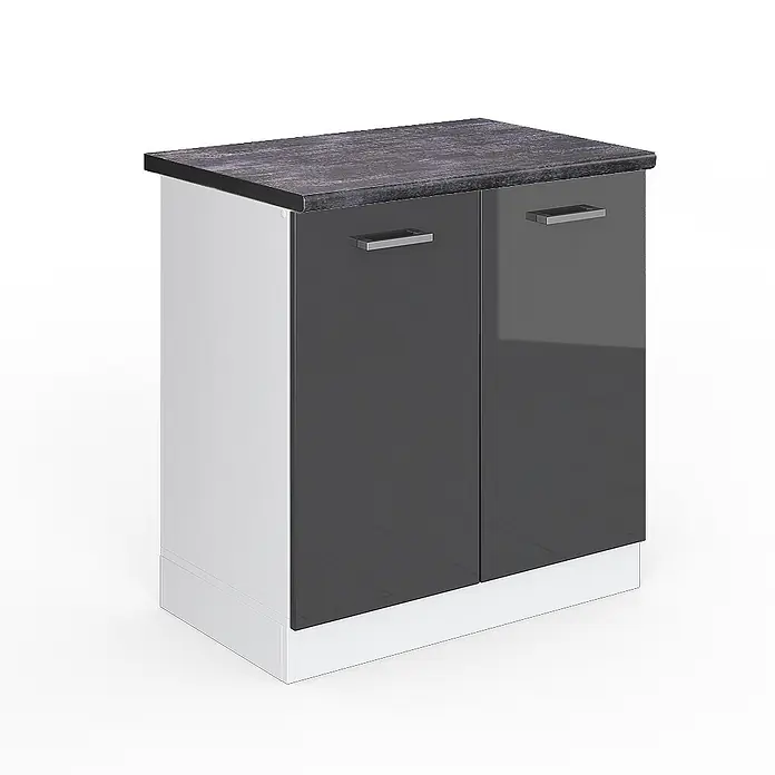 Vicco Schrankküche R-Line Anthrazit Hochglanz, AP Anthrazit - Anthrazit Hochglanz, Spülenunterschrank 80 cm - Moderner zweitüriger Schrank mit dunkler Holzoptik-Platte, weißem Korpus und glänzenden dunkelgrauen Türen mit silbernen Griffen.