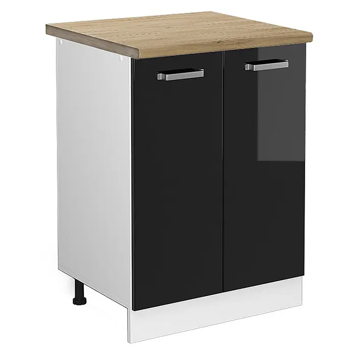 Vicco Küchenunterschrank R-Line, Schwarz Hochglanz, 60 cm -  - Zweitüriger Unterschrank mit heller Holzplatte, weißem Korpus, schwarzen Hochglanztüren und silbernen Griffen.