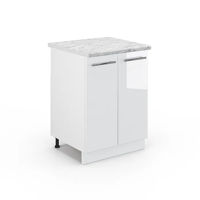 Vicco Schrankküche Fame-Line Weiß Hochglanz, AP Marmor - Weiß Hochglanz, Unterschrank 60 cm - Weißer Hochglanz-Unterschrank mit zwei Türen, silbernen Griffen und grauer Marmor-Arbeitsplatte.