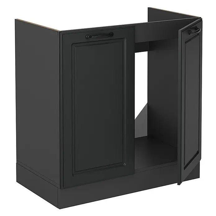 Vicco Schrankküche R-Line Anthrazit Landhaus, AP Eiche - Anthrazit Landhaus, Spülenunterschrank 80 cm - Dunkelgrauer Küchenunterschrank mit zwei Kassettentüren, eine offen, um den leeren Innenraum zu zeigen, und dunklen Griffen.