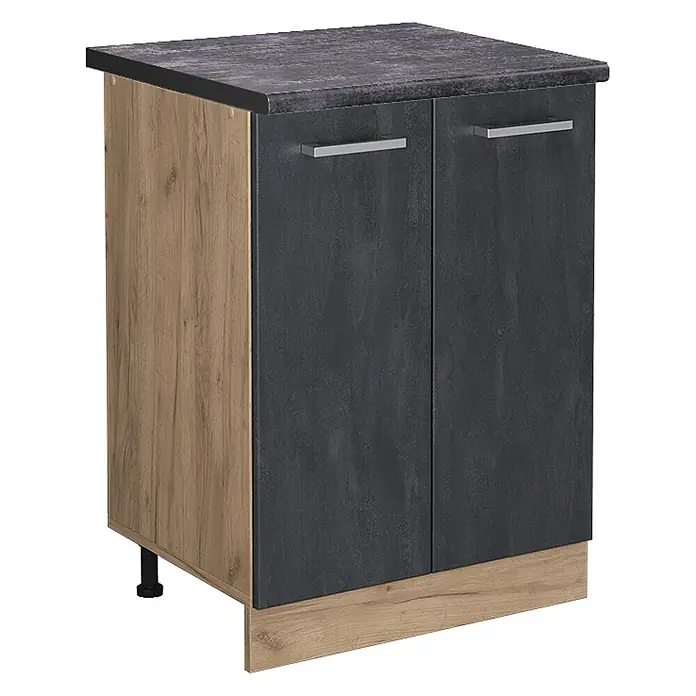 Vicco Schrankküche R-Line Schwarz Beton AP Anthrazit - Schwarz Beton, Unterschrank 60 cm, AP Anthrazit - Unterschrank mit dunkelgrauer Arbeitsplatte, zwei anthrazitfarbenen Türen und hellbraunem Holzdekor.