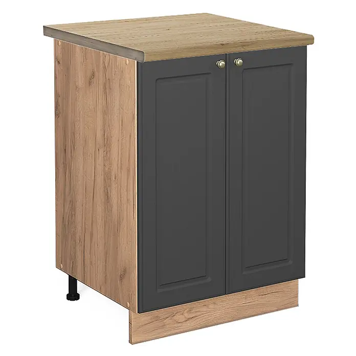 Vicco Schrankküche Fame-Line Anthrazit-Gold, AP Eiche - Anthrazit-Gold, Unterschrank 60 cm, AP Eiche - Küchenunterschrank: helle Holzoptik Seiten/Platte, dunkelgraue Türen mit Griffen, passender Sockel.