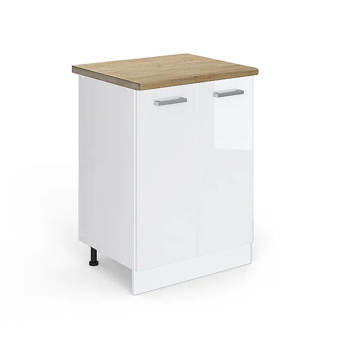 Vicco Schrankküche R-Line Weiß Hochglanz, AP Eiche - Weiß Hochglanz, Unterschrank 60 cm, AP Eiche - Weißer Küchenunterschrank mit Holzplatte und zwei Türen.