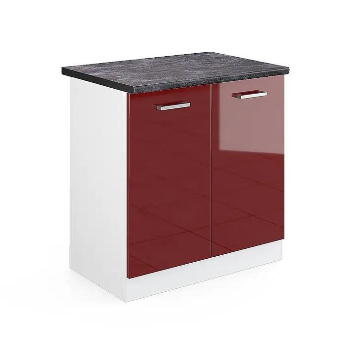 Vicco Schrankküche R-Line Rot Hochglanz, AP Anthrazit - Rot Hochglanz, Spülenunterschrank 80 cm, AP Anthrazit - Roter Hochglanz-Zweitürer-Schrank mit weißem Rahmen und dunkler Arbeitsplatte.