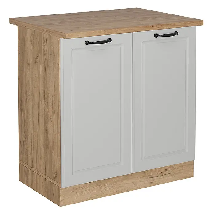 Vicco Schrankküche R-Line Weiß Landhaus, AP Eiche - Weiß Landhaus, Spülenunterschrank 80 cm - Zweitüriger Schrank mit heller Holzoptik-Platte, Seiten und Sockel, hellgrauen Kassettentüren und schwarzen Griffen.
