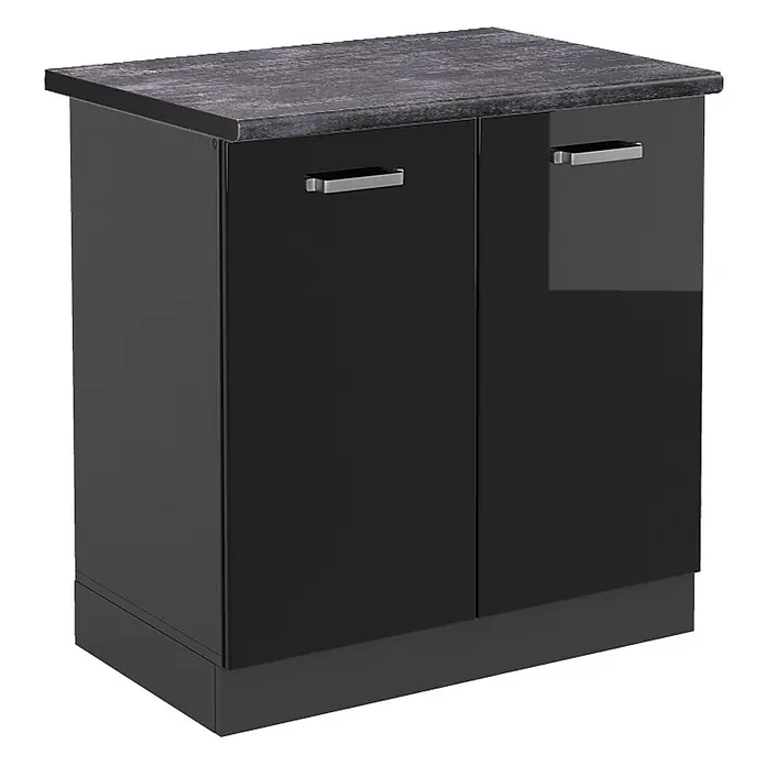 Vicco Spülenunterschrank R-Line, Schwarz Hochglanz, 80 cm -  - Schwarzer zweitüriger Schrank mit dunkelgrauer Arbeitsplatte und silbernen Griffen.