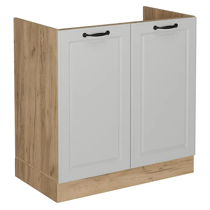Vicco Schrankküche R-Line Weiß Landhaus ohne Arbeitsplatte - Weiß Landhaus, Spülenunterschrank 80 cm - Küchenunterschrank in Holzoptik mit zwei hellgrauen Paneeltüren und schwarzen Griffen.