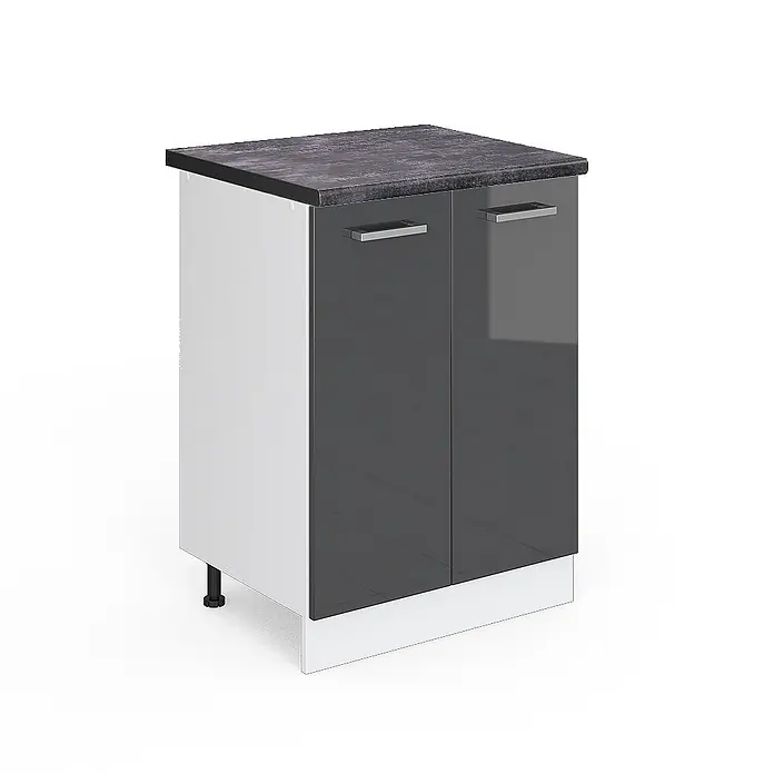 Vicco Schrankküche R-Line Anthrazit Hochglanz, AP Anthrazit - Anthrazit Hochglanz, Unterschrank 60 cm, AP Anthrazit - Zweitüriger Unterschrank mit dunkelgrauer Arbeitsplatte, weißen Seiten und glänzenden dunkelgrauen Türen mit silbernen Griffen.