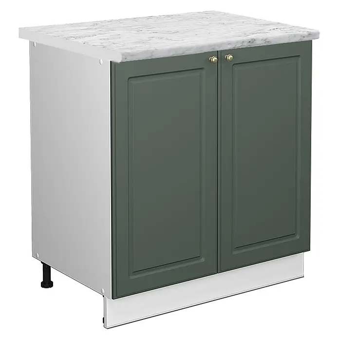 Vicco Schrankküche Fame-Line Grün-Gold Landhaus mit Regal, AP Marmor - Grün-Gold Landhaus, Unterschrank 80 cm, AP Marmor - Dunkelgrüner Unterschrank mit zwei Türen, goldenen Knöpfen und weißer Marmor-Effekt-Arbeitsplatte.