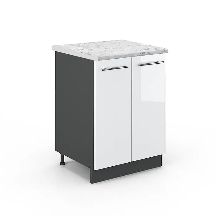 Vicco Schrankküche Fame-Line Weiß Hochglanz, AP Marmor - Weiß Hochglanz, Unterschrank 60 cm - Weißer Hochglanz-Unterschrank mit dunkelgrauen Seiten, Marmor-Arbeitsplatte und zwei Türen mit silbernen Griffen.