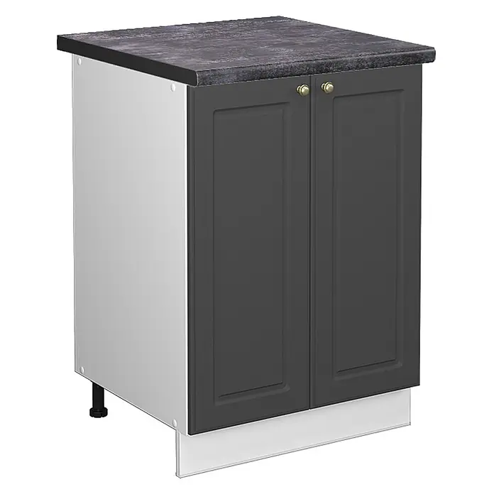 Vicco Schrankküche Fame-Line Anthrazit-Gold, AP Anthrazit - Anthrazit-Gold Landhaus, Unterschrank 60 cm, AP Anthrazit - Dunkelgrauer Küchenunterschrank mit zwei Türen, goldenen Griffen und dunkler Arbeitsplatte. Hellgraue Seiten, weiße Sockelleiste.