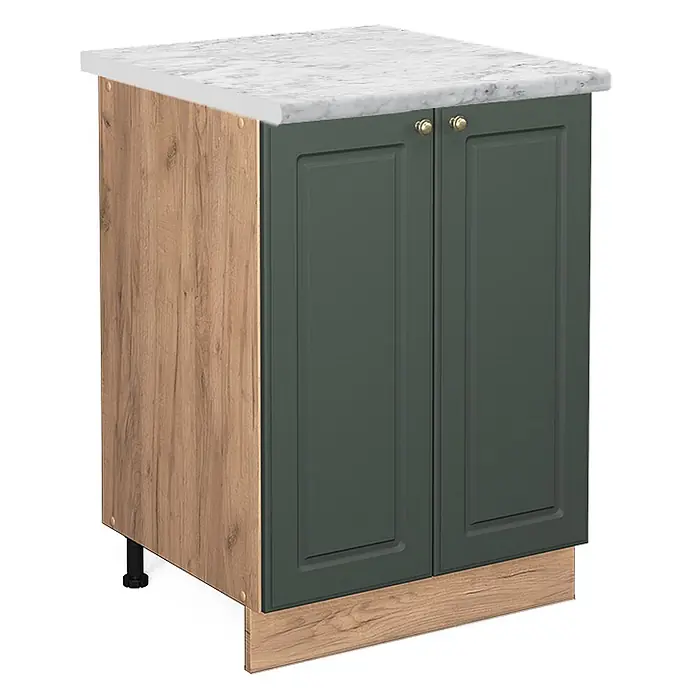 Vicco Schrankküche Fame-Line Grün-Gold Landhaus, AP Marmor - Grün-Gold Landhaus, Unterschrank 60 cm, AP Marmor - Küchenunterschrank mit weißer Marmoroptik-Arbeitsplatte, dunkelgrünen Shaker-Türen mit Messingknöpfen und heller Holzmaserung an Seite und Sockel.