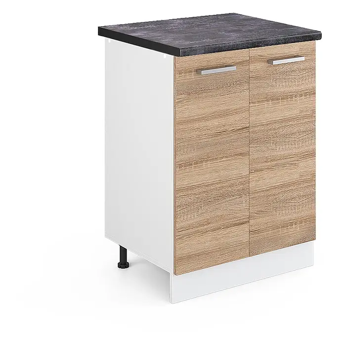 Vicco Schrankküche R-Line Sonoma, AP Anthrazit - Sonoma, Unterschrank 60 cm, AP Anthrazit - Küchenunterschrank mit dunkler Arbeitsplatte, weißem Korpus und zwei hellen Holztüren mit Metallgriffen.