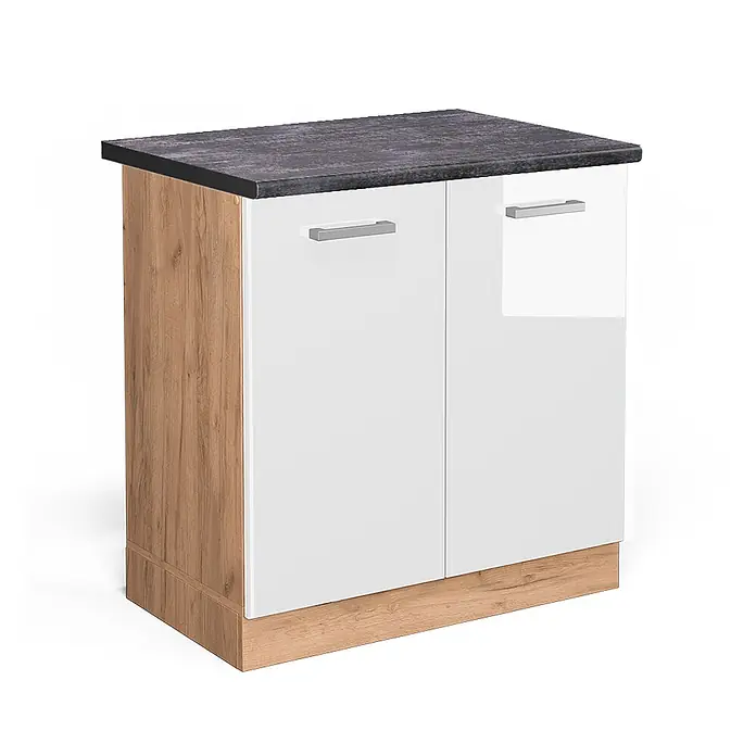 Vicco Schrankküche R-Line Weiß Hochglanz, AP Anthrazit - Weiß Hochglanz, Spülenunterschrank 80 cm, AP Anthrazit - Küchenunterschrank mit dunkler Arbeitsplatte, zwei glänzend weißen Türen mit silbernen Griffen und Holzdekor-Seiten/Sockel.