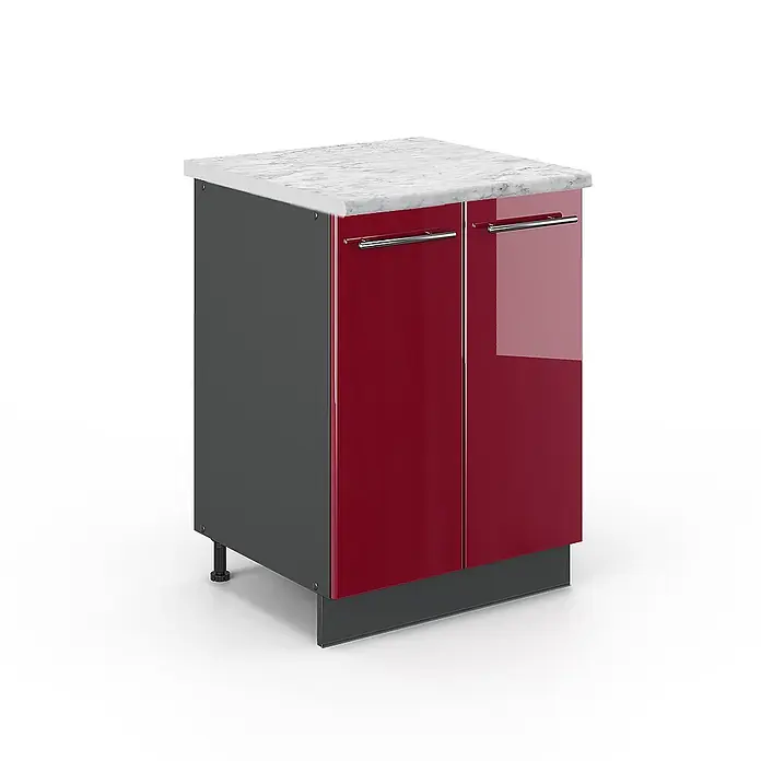 Vicco Schrankküche Fame-Line Bordeaux Hochglanz, AP Marmor - Bordeaux Hochglanz, Unterschrank 60 cm, AP Marmor - Grauer Küchenunterschrank mit zwei glänzenden roten Türen, silbernen Stangengriffen und einer weißen Marmor-Arbeitsplatte.