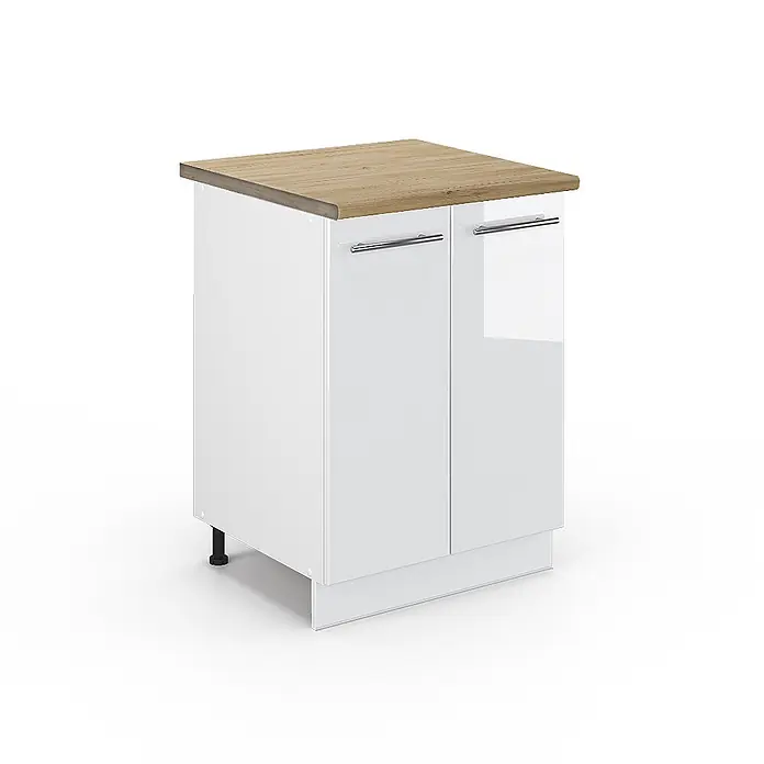 Vicco Schrankküche Fame-Line Weiß Hochglanz, AP Eiche - Weiß Hochglanz, Unterschrank 60 cm - Weißer Hochglanzschrank mit zwei Türen, Chromgriffen und heller Holzoptik-Arbeitsplatte, auf Sockel stehend.