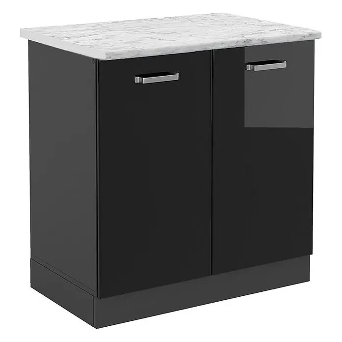 Vicco Schrankküche R-Line Schwarz Hochglanz AP Marmor - Schwarz Hochglanz, Spülenunterschrank 80 cm - Schwarzer Hochglanzschrank mit zwei Türen, silbernen Griffen und weißer Marmorplatte.