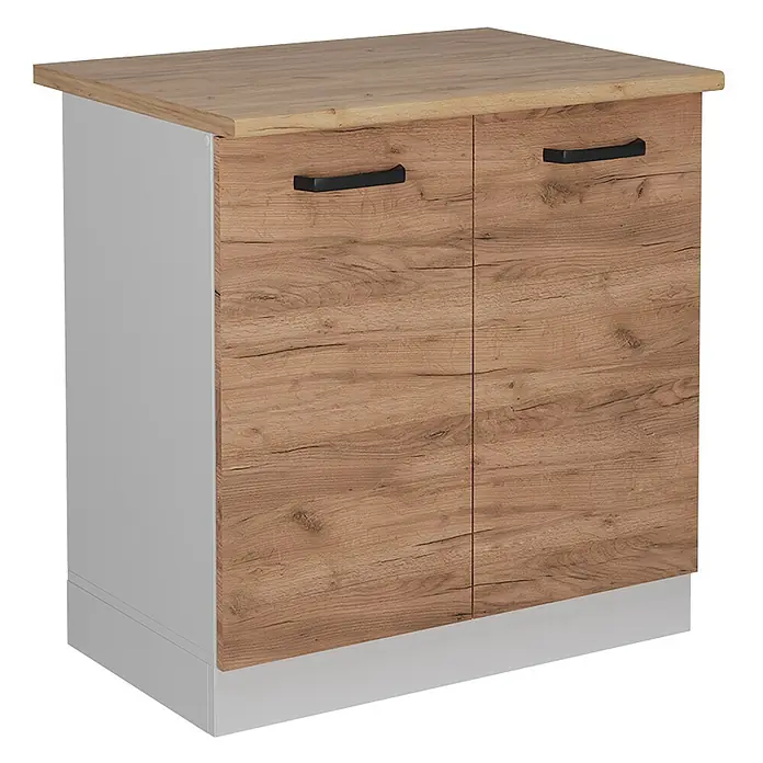 Vicco Schrankküche R-Line Goldkraft Eiche AP Eiche - Goldkraft Eiche, Spülenunterschrank 80 cm - Zweitüriger Unterschrank mit heller Holzplatte, weißen Seiten und rustikalen Holztüren mit schwarzen Griffen und weißem Sockel.