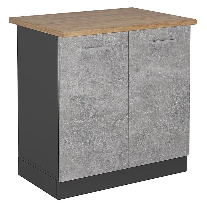 Vicco Schrankküche R-Line Beton, AP Eiche - Beton, Spülenunterschrank 80 cm, AP Eiche - Zweitüriger Schrank mit heller Holzplatte, dunkelgrauem Korpus und grauen Beton-Look-Türen mit silbernen Griffen.
