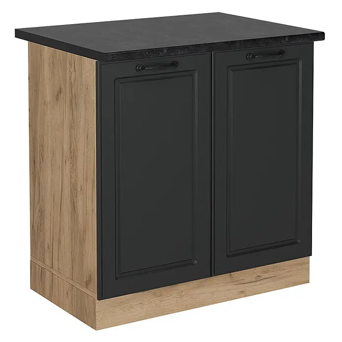 Vicco Schrankküche R-Line Anthrazit Landhaus, AP Anthrazit - Anthrazit Landhaus, Spülenunterschrank 80 cm, AP Anthrazit - Schwarzer Küchenunterschrank mit Holzoptik-Seiten, schwarzen Türen und dunkler Arbeitsplatte.