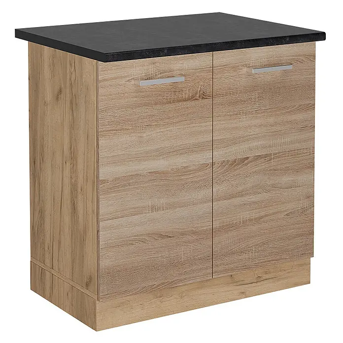 Vicco Schrankküche R-Line Sonoma, AP Anthrazit - Sonoma, Spülenunterschrank 80 cm, AP Anthrazit - Helles Eichenholz-Effekt Unterschrank mit zwei Türen, schwarzer Arbeitsplatte und silbernen Griffen.