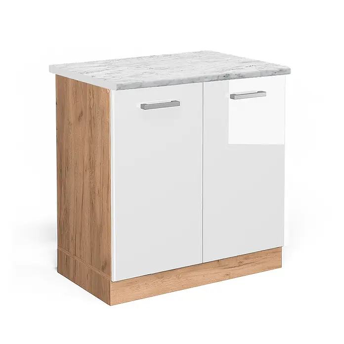 Vicco Schrankküche R-Line Weiß Hochglanz AP Marmor - Weiß Hochglanz, Spülenunterschrank 80 cm, AP Marmor - Zweitüriger Unterschrank mit weißen Hochglanztüren, Holzoptik-Seiten und -Sockel sowie einer Marmoroptik-Arbeitsplatte.