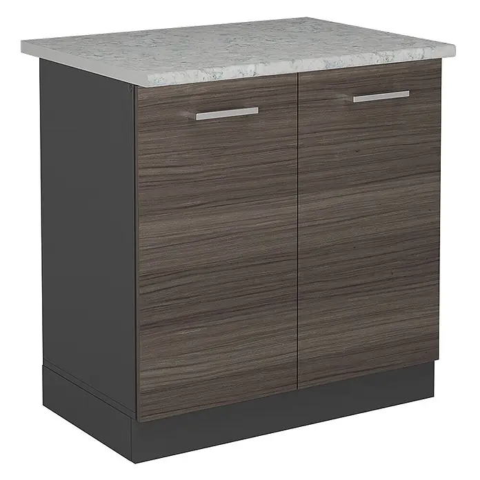 Vicco Schrankküche R-Line Edelgrau AP Marmor - Edelgrau, Spülenunterschrank 80 cm, AP Marmor - Dunkelbrauner Holzmaserung-Stauraumschrank mit weißer Marmor-Arbeitsplatte und dunkelgrauen Seiten/Sockel.