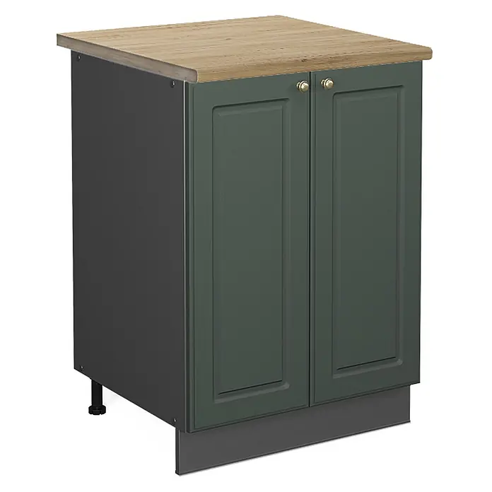 Vicco Schrankküche Fame-Line Grün-Gold Landhaus, AP Eiche - Grün-Gold Landhaus, Unterschrank 60 cm, AP Eiche - Dunkelgrüner Küchenunterschrank mit zwei Türen, goldenen Knöpfen und heller Holzplatte. Dunkelgraue Seiten und Sockelleiste.