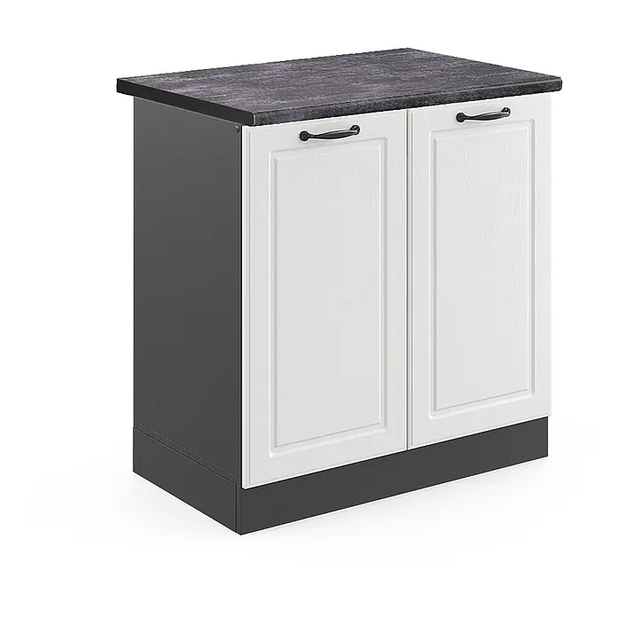Vicco Schrankküche R-Line Weiß Landhaus, AP Anthrazit - Weiß Landhaus, Spülenunterschrank 80 cm - Zweitüriger Küchenunterschrank mit anthrazitfarbenen Seiten, weißen Kassettentüren, schwarzen Griffen und dunkler Arbeitsplatte.