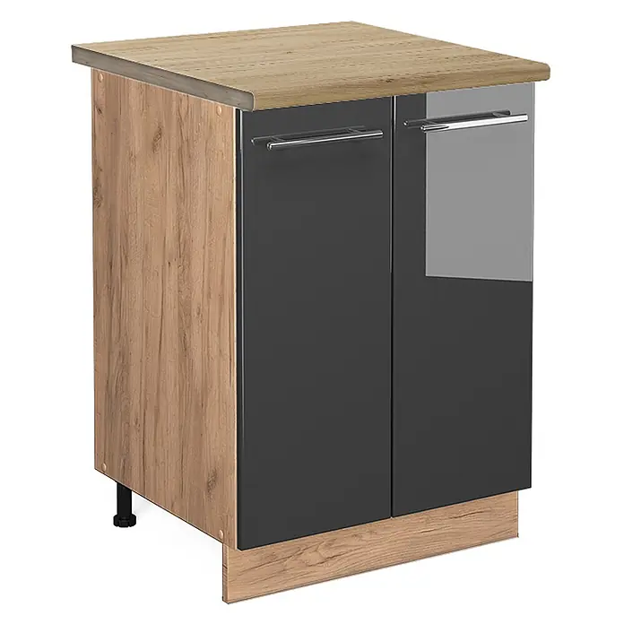 Vicco Schrankküche Fame-Line Anthrazit Hochglanz, AP Eiche - Anthrazit Hochglanz, Unterschrank 60 cm, AP Eiche - Zweitüriger Unterschrank mit heller Holzplatte und Seitenwand, dunkelgrauen Hochglanztüren und Chromgriffen. Mit passender Holzblende.