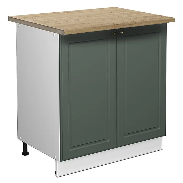 Vicco Schrankküche Fame-Line Grün-Gold Landhaus mit Regal, AP Eiche - Grün-Gold Landhaus, Unterschrank 80 cm, AP Eiche - Unterschrank mit heller Holzplatte, dunkelgrünen Türen und hellgrauen Seiten.