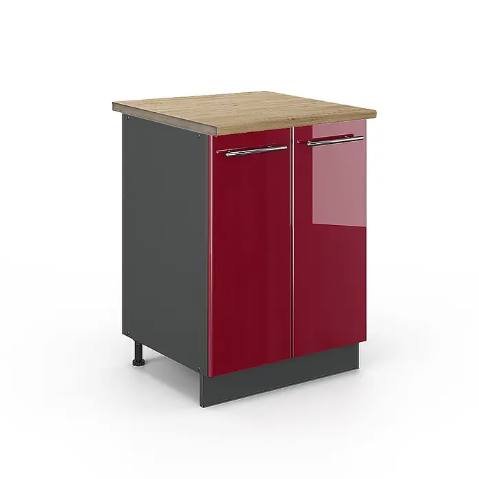 Vicco Schrankküche Fame-Line Bordeaux Hochglanz, AP Eiche - Bordeaux Hochglanz, Unterschrank 60 cm, AP Eiche - Roter Hochglanz-Küchenunterschrank mit Holzplatte, dunkelgrauen Seiten und silbernen Griffen.