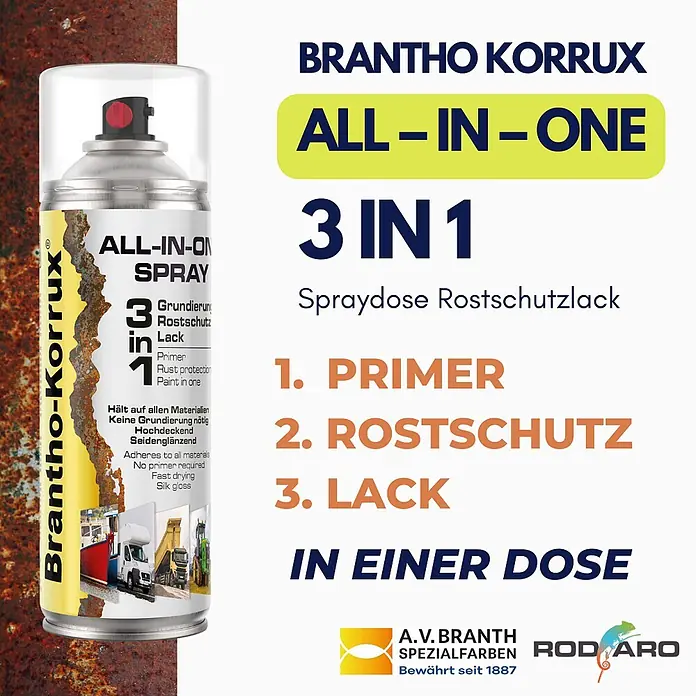 Brantho Korrux Farbspray 3 in 1 Rostschutzlack - All-in-One 400ml RAL7035 - Lichtgrau Seidenglanz - RAL7035 - Lichtgrau Seidenglanz, Sprühdose - Silberne Brantho Korrux All-in-One 3-in-1 Rostschutzlack-Sprühdose mit gelbem Etikett für Grundierung, Rostschutz und Lack.