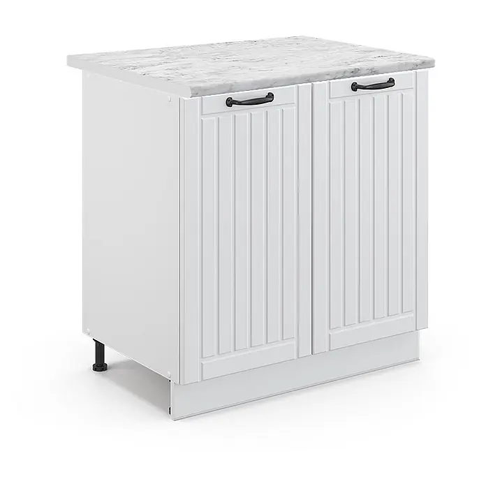 Vicco Schrankküche Fame-Line Weiß Landhaus mit Regal, AP Marmor - Weiß Landhaus, Unterschrank 80 cm, AP Marmor - Weißer Küchenunterschrank mit Marmorplatte und zwei getäfelten Türen mit schwarzen Griffen.