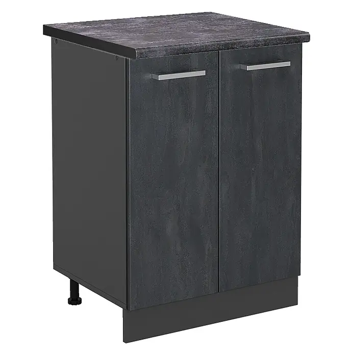 Vicco Küchenunterschrank R-Line, Schwarz Beton, 60 cm -  - Dunkelgrauer Küchenunterschrank mit zwei Türen, Metallgriffen und dunkler Arbeitsplatte.