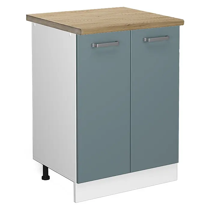 Vicco Schrankküche R-Line Blau-Grau, AP Eiche - Blau-Grau, Unterschrank 60 cm, AP Eiche - Kleiner Küchenunterschrank mit Holzoptik-Arbeitsplatte, zwei blaugrauen Türen mit Griffen und weißem Korpus und Sockel.
