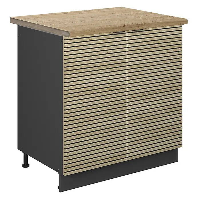 Vicco Schrankküche Fame-Line Eiche Paneel, AP Eiche - Eiche Paneel, Spülenunterschrank 80 cm, AP Eiche - Aufbewahrungsschrank mit Lamellentüren aus Naturholz, heller Holzplatte und dunkelgrauem Rahmen.