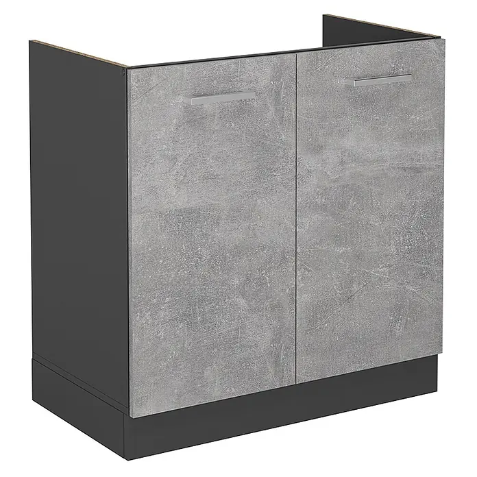 Vicco Schrankküche R-Line Beton ohne Arbeitsplatte - Beton, Spülenunterschrank 80 cm - Zweitüriger Unterschrank mit grauen Betonoptik-Fronten, dunkelgrauem Korpus und silbernen Griffen.