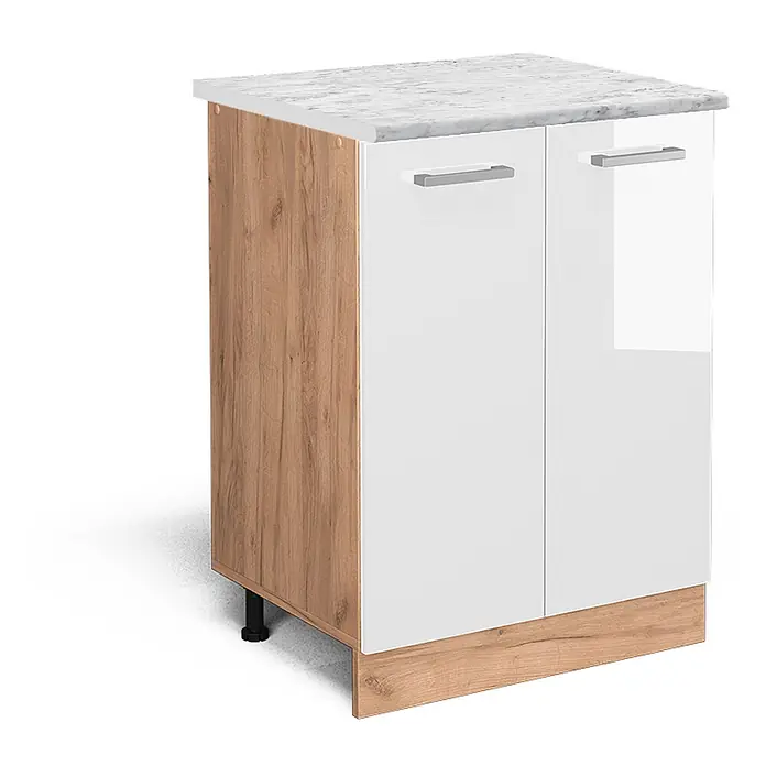 Vicco Schrankküche R-Line Weiß Hochglanz AP Marmor - Weiß Hochglanz, Unterschrank 60 cm, AP Marmor - Weißer Hochglanzschrank mit Holzoptik-Seiten, Sockelblende und Marmor-Arbeitsplatte. Zwei Türen mit silbernen Griffen.