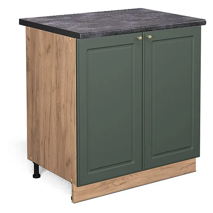 Vicco Schrankküche Fame-Line Grün-Gold Landhaus mit Regal, AP Anthrazit - Grün-Gold Landhaus, Unterschrank 80 cm, AP Anthrazit - Küchenunterschrank: dunkelgrüne Türen, dunkle Arbeitsplatte, helle Holzoptik-Seitenwand/Sockel. Messinggriffe, verstellbare Füße.