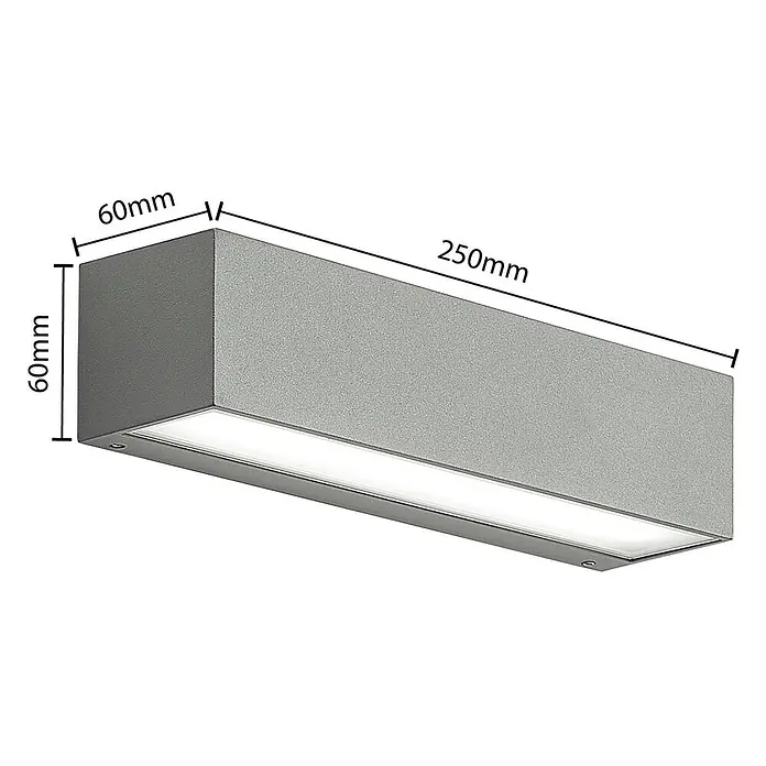 Arcchio Außenwandleuchte Lengo - alu / grau / zink, IP65 - Graue rechteckige Leuchte, 250x60x60mm, mit weißer Lichtplatte.