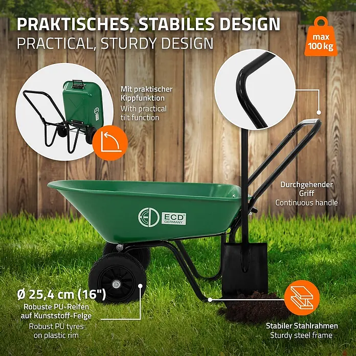 ECD Germany Gartenschubkarre Garden 78L Gartenwagen Gartenkarre mit Kippfunktion Bauschubkarre - 78 l, Material Wanne: Kunststoff - Eine grüne und schwarze Schubkarre mit stabilem Stahlrahmen und robusten Rädern, betont praktische Funktionen und 100 kg Tragkraft.
